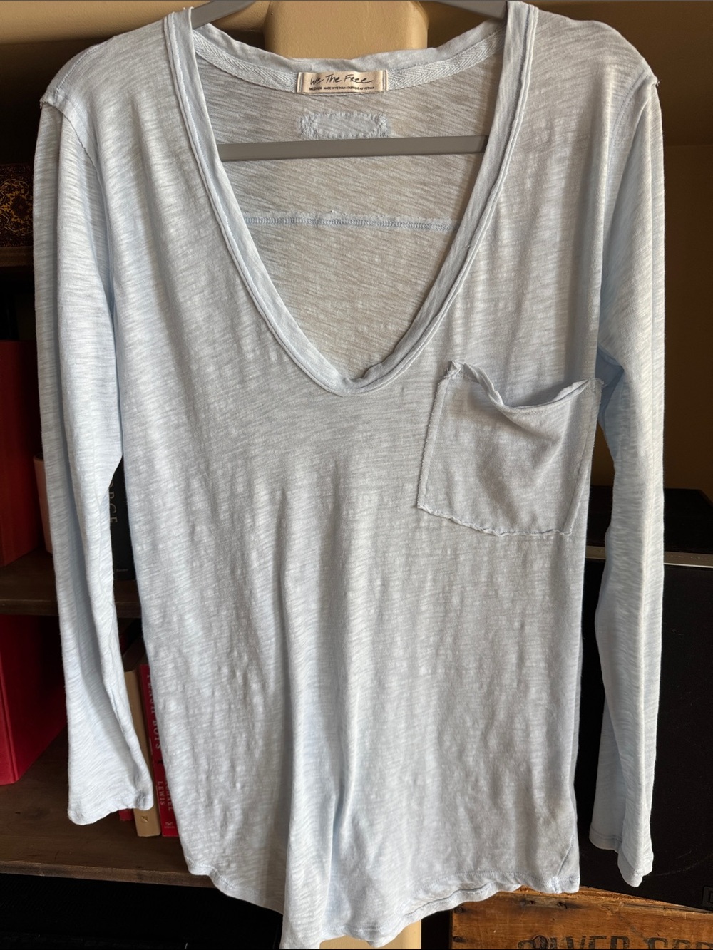 Free People Pale Blue V-Neck Long Sleeve Pocket Tee M